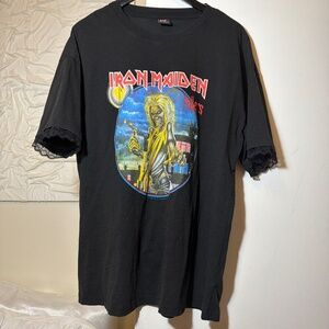 Black Iron Maiden Graphic T-Shirt with Lace Sleeves